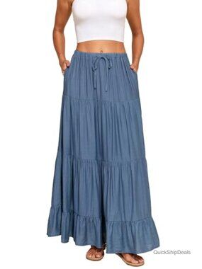 Women Boho Cotton Maxi Skirt A-Line Tiered Ruffled Long Skirt